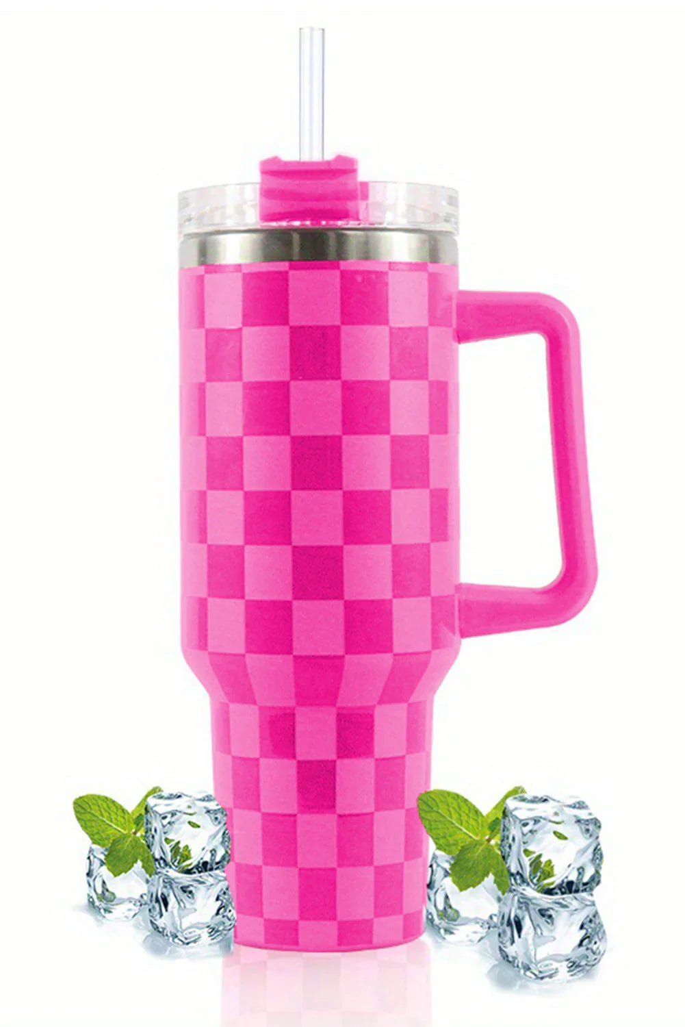 Bright Pink Checkered Print Stainless Steel Handled Tumbler Cup – 40oz | Insulated Travel Mug
