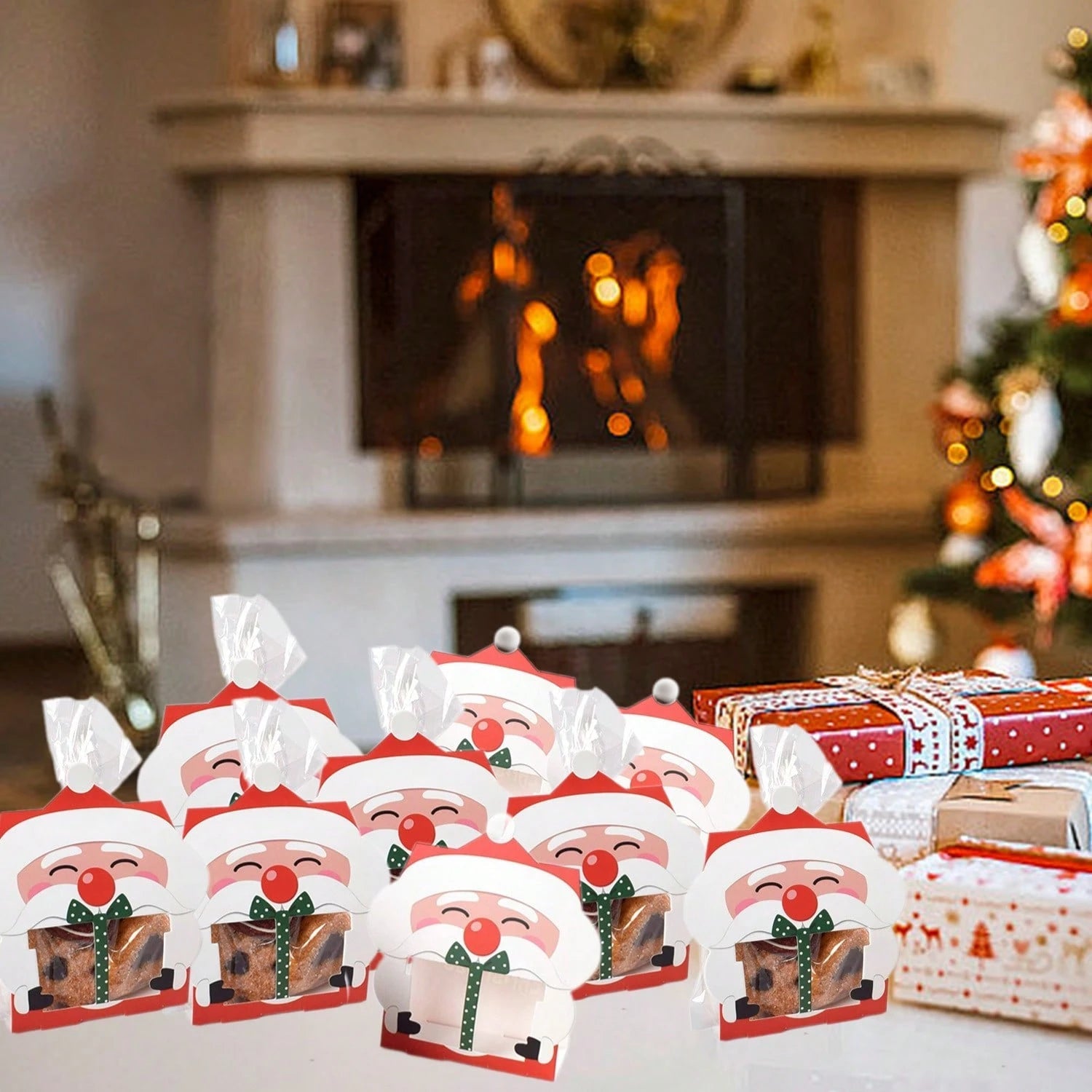 8 Pcs Mini Christmas Treat Boxes With Cellophane Bags And Twist Ties Cartoon Santa Claus Design Gift Box Cute Paper Merry Christmas Baking Packing Bags For Xmas Holiday Party Supplies