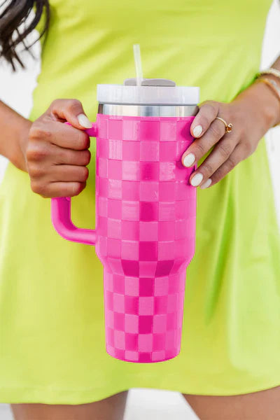 Bright Pink Checkered Print Stainless Steel Handled Tumbler Cup – 40oz | Insulated Travel Mug