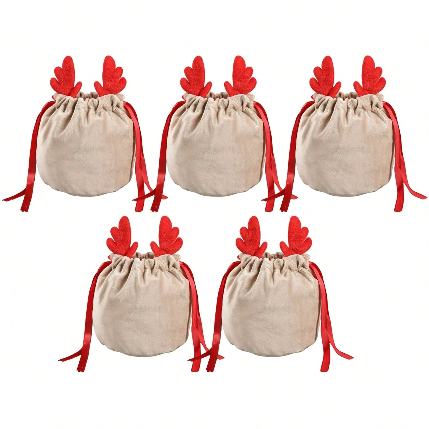 Set Of 5 Christmas Velvet Drawstring Gift Bags With Reindeer Antler Design. Suitable For Organizing Jewelry Or Candy. Santa Gift Bags, Perfect For Holidays, Weddings, And Birthday Party Favors.