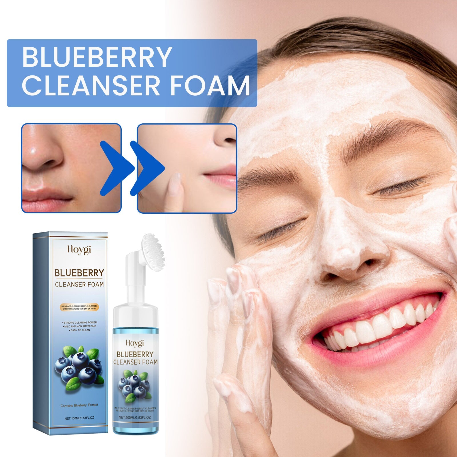 Horygi Blueberry Cleansing Mousse Brush Facial Foam Fragrance Squeeze Brightening Cleanse Turmeric  Facial  Cleanser Natural Exfoliating Renewal Serum