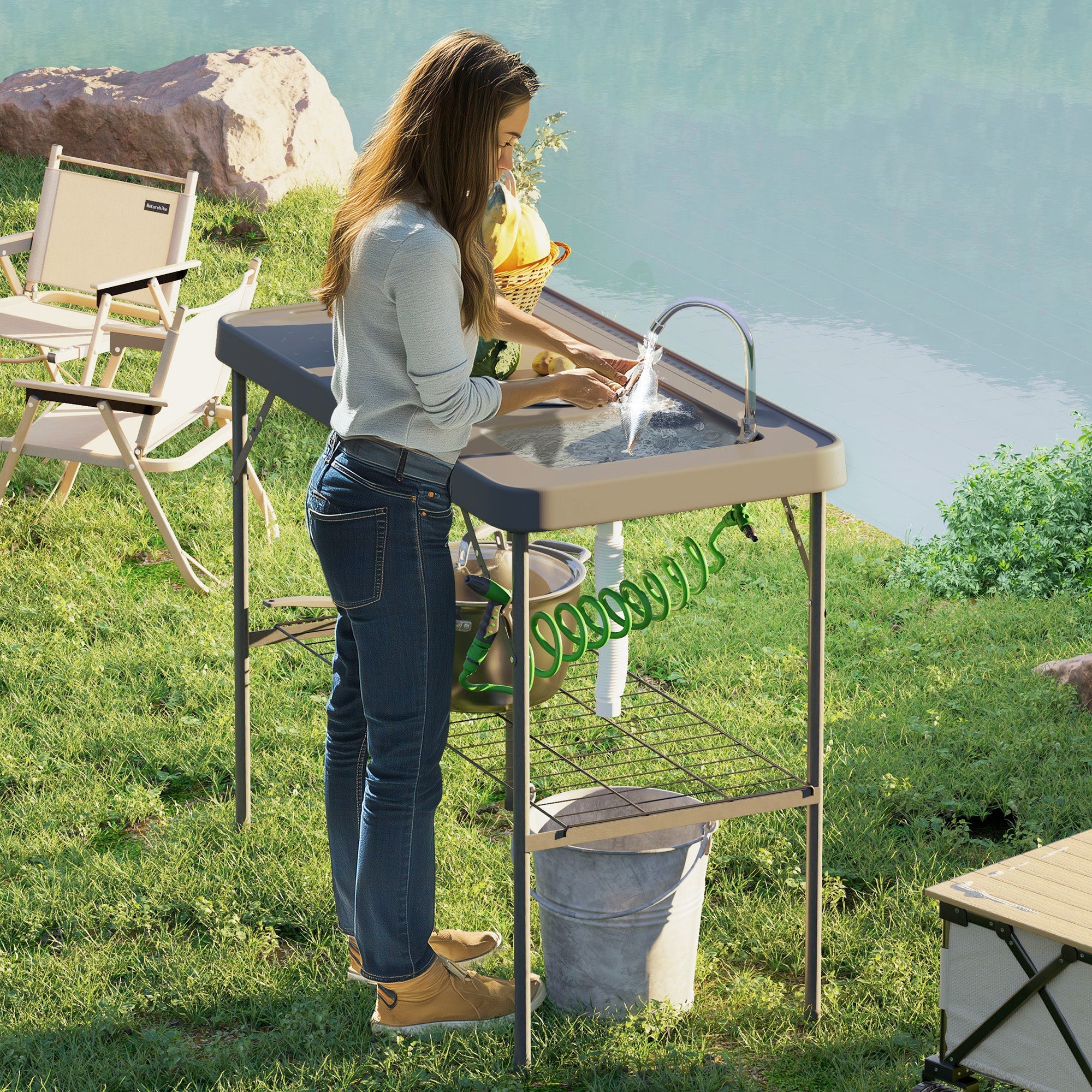 Folding Fish Cleaning Table With Sink, Portable Camping Table With Faucet, Drainage Hose, Sprayer And Shelf, Gray