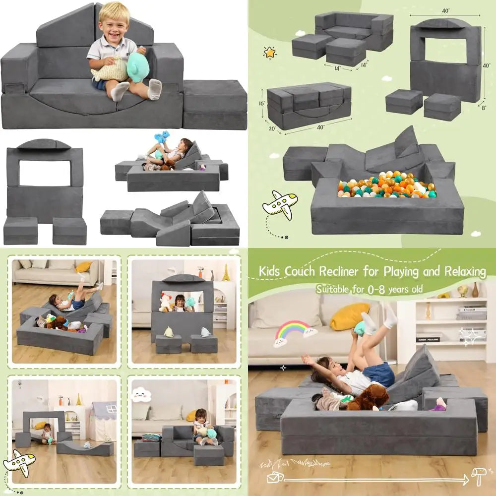 Convertible Kids Sofa Toddler Couch with Foam Play Set, Recliner for Creative Play, Ideal for Boys & Girls, Comfortable Playroom