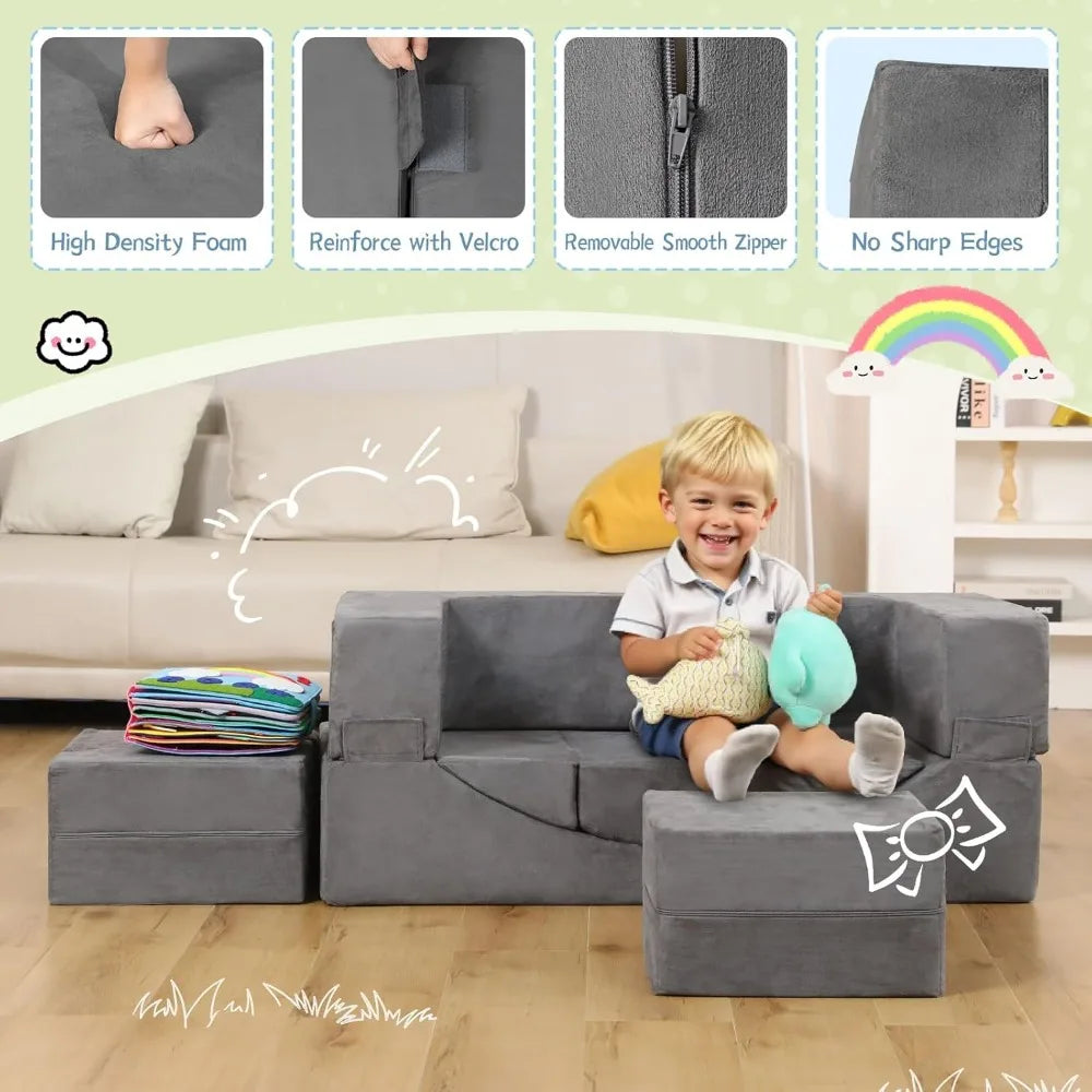 Convertible Kids Sofa Toddler Couch with Foam Play Set, Recliner for Creative Play, Ideal for Boys & Girls, Comfortable Playroom