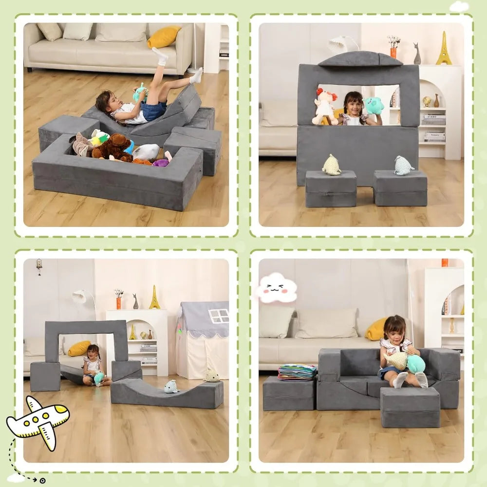 Convertible Kids Sofa Toddler Couch with Foam Play Set, Recliner for Creative Play, Ideal for Boys & Girls, Comfortable Playroom