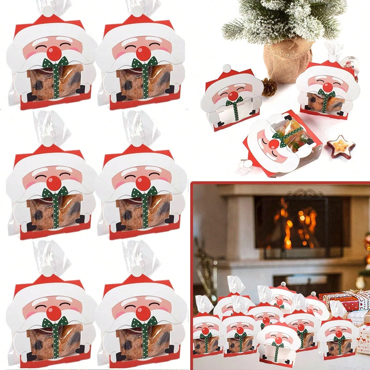 8 Pcs Mini Christmas Treat Boxes With Cellophane Bags And Twist Ties Cartoon Santa Claus Design Gift Box Cute Paper Merry Christmas Baking Packing Bags For Xmas Holiday Party Supplies