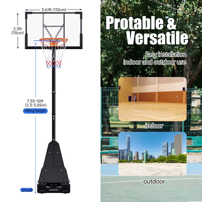 TotheCORE Basketball Stand 7.55-10.00 Ft Adjustable Portable Basketball Hoop & Goal PC Backplate, Large Base & Wheels