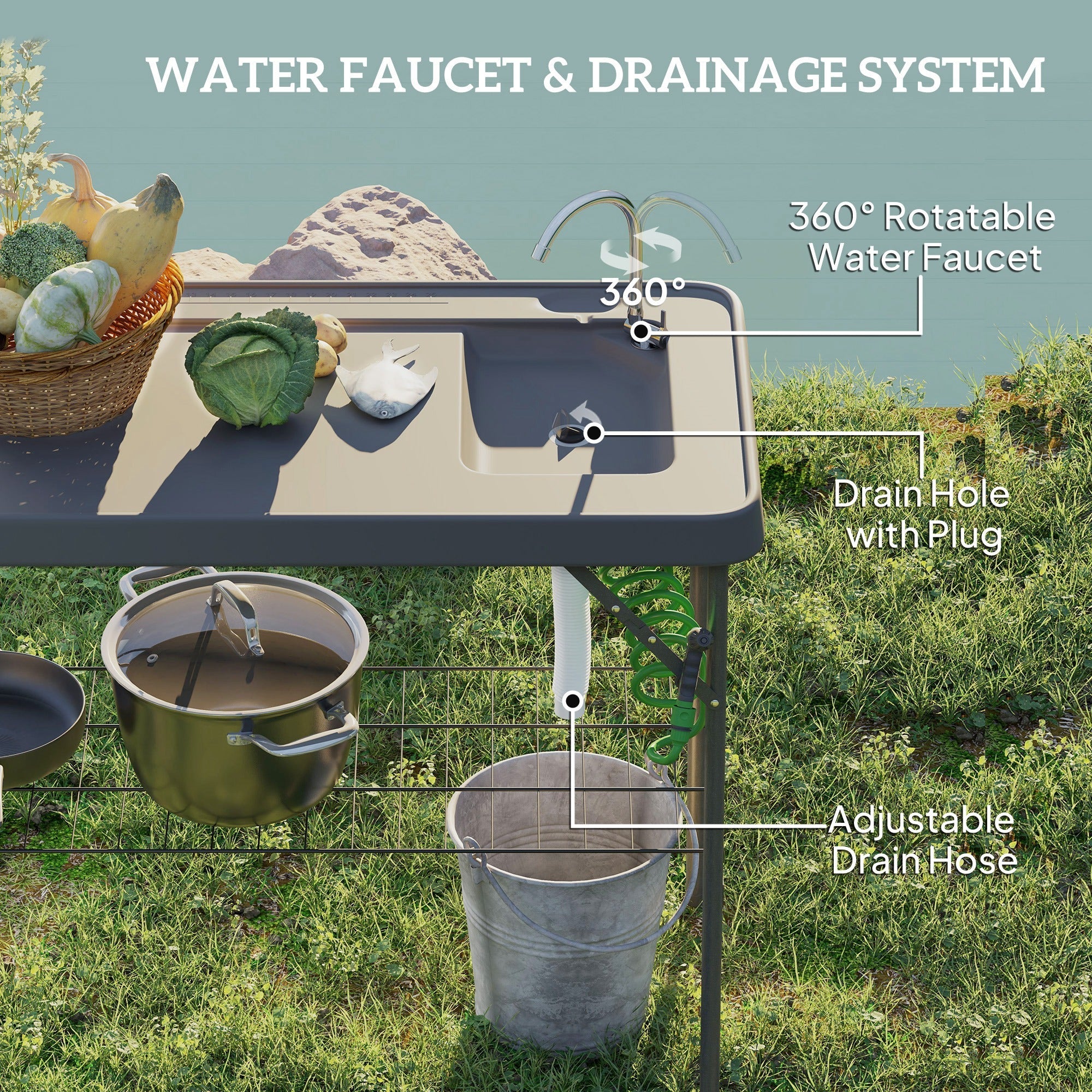 Folding Fish Cleaning Table With Sink, Portable Camping Table With Faucet, Drainage Hose, Sprayer And Shelf, Gray
