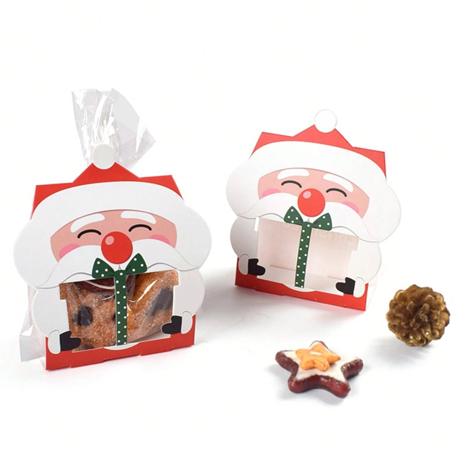 8 Pcs Mini Christmas Treat Boxes With Cellophane Bags And Twist Ties Cartoon Santa Claus Design Gift Box Cute Paper Merry Christmas Baking Packing Bags For Xmas Holiday Party Supplies