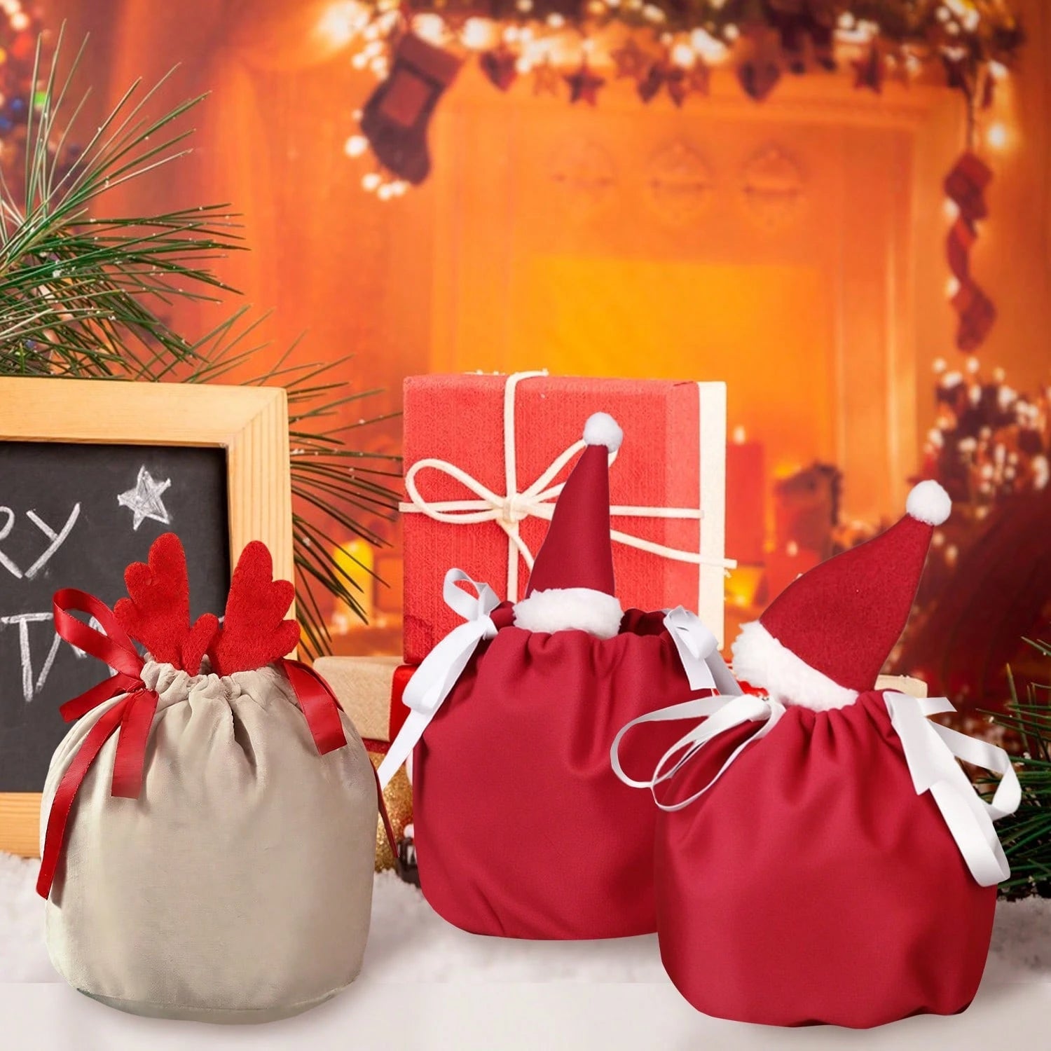 Set Of 5 Christmas Velvet Drawstring Gift Bags With Reindeer Antler Design. Suitable For Organizing Jewelry Or Candy. Santa Gift Bags, Perfect For Holidays, Weddings, And Birthday Party Favors.